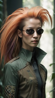 1girl,solo,long hair,looking at viewer,brown hair,shirt,closed mouth,jacket,upper body,red hair,open clothes,orange hair,blurry,vest,lips,blurry background,sunglasses,zipper,realistic,nose,leather,aviator sunglasses,glasses,uniform,military,military uniform,freckles,leather jacket