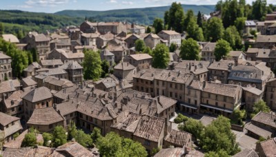 outdoors,sky,day,cloud,water,tree,blue sky,no humans,window,building,nature,scenery,forest,stairs,mountain,city,road,cityscape,house,river,landscape,town