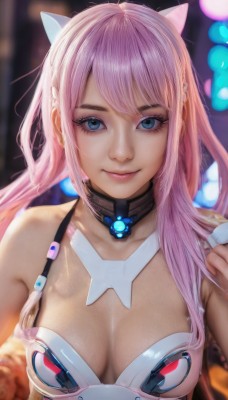 1girl,solo,long hair,breasts,looking at viewer,smile,bangs,blue eyes,animal ears,cleavage,bare shoulders,medium breasts,closed mouth,collarbone,upper body,pink hair,choker,shiny,blurry,leotard,lips,eyelashes,makeup,blurry background,piercing,eyeshadow,realistic,nose,eyeliner,mascara,sidelocks,artist name,cat ears,signature,star (symbol),detached collar,depth of field,fake animal ears,close-up