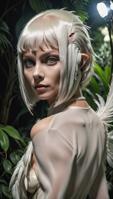 1girl,solo,breasts,looking at viewer,short hair,bangs,green eyes,upper body,white hair,small breasts,wings,horns,pointy ears,looking back,blurry,lips,see-through,feathers,feathered wings,realistic,nose,1boy,jewelry,male focus,earrings,necklace,leaf,parody,piercing