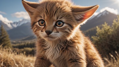 solo,looking at viewer,brown eyes,closed mouth,outdoors,sky,day,cloud,blurry,tree,blue sky,no humans,depth of field,blurry background,animal,cat,grass,nature,mountain,realistic,sun,animal focus,whiskers,mountainous horizon,signature,sunlight,scenery,fox