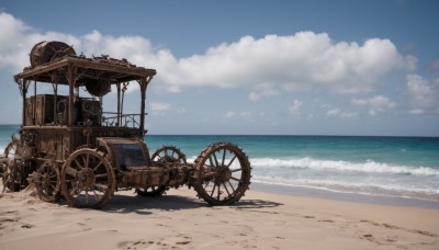 outdoors,sky,day,cloud,water,blue sky,no humans,shadow,ocean,beach,cloudy sky,ground vehicle,scenery,motor vehicle,sand,horizon,vehicle focus,waves,gears,shore,wheel,steampunk