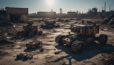 outdoors,sky,day,military,no humans,ground vehicle,building,scenery,motor vehicle,city,military vehicle,cable,ruins,tank,vehicle focus,debris,desert,dust,rubble,tire,weapon,sunlight,science fiction,sand,sun,cannon,car,damaged,caterpillar tracks