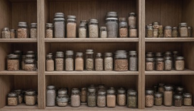 indoors,no humans,bottle,scenery,realistic,can,shelf,jar,still life,shop