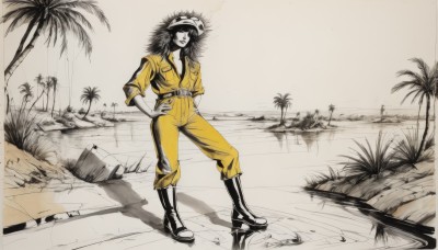 1girl,solo,long hair,breasts,smile,black hair,standing,monochrome,full body,boots,outdoors,belt,water,black footwear,tree,hand on hip,goggles,sleeves rolled up,palm tree,bucket,jumpsuit,mask,hands on hips,afro