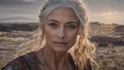 1girl,solo,long hair,looking at viewer,blonde hair,brown eyes,jewelry,closed mouth,upper body,white hair,outdoors,sky,day,cloud,necklace,blurry,lips,depth of field,blurry background,wavy hair,scar,portrait,forehead,freckles,curly hair,realistic,thick eyebrows,cloudy sky