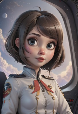 1girl,solo,breasts,looking at viewer,smile,short hair,bangs,blue eyes,brown hair,long sleeves,jacket,upper body,ahoge,small breasts,parted lips,sky,teeth,artist name,cloud,signature,uniform,black eyes,lips,military,eyelashes,military uniform,makeup,buttons,swept bangs,watermark,bob cut,white jacket,star (sky),zipper,freckles,realistic,nose,red lips,badge,day,moon,thick eyebrows,starry sky,epaulettes,emblem,eyeliner,military jacket,mascara