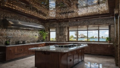 sky,day,cloud,indoors,water,tree,blue sky,no humans,window,table,sunlight,plant,scenery,reflection,wooden floor,potted plant,shelf,kitchen,sink,tiles,cabinet