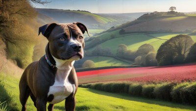 HQ,outdoors,sky,day,signature,water,collar,tree,no humans,animal,grass,nature,scenery,dog,mountain,realistic,road,animal focus,river,landscape,hill,brown eyes,animal collar