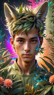 solo,looking at viewer,short hair,shirt,1boy,animal ears,brown eyes,closed mouth,upper body,flower,male focus,green hair,artist name,cat ears,signature,lips,animal ear fluff,fox ears,leaf,watermark,plant,portrait,extra ears,pink flower,freckles,realistic,nose,green shirt,bangs,brown hair,jewelry,yellow eyes,multicolored hair,earrings,glowing,wolf ears,yellow shirt,paint splatter