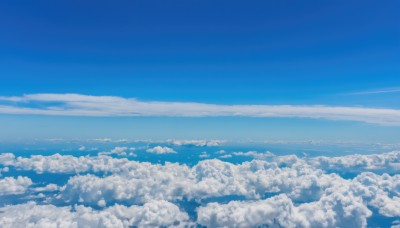 monochrome,outdoors,sky,day,cloud,blue sky,no humans,ocean,cloudy sky,scenery,blue theme,horizon,landscape,above clouds,bird