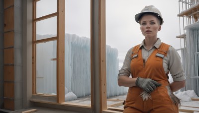 1girl,solo,looking at viewer,short hair,blue eyes,shirt,black hair,gloves,1boy,hat,white shirt,male focus,collared shirt,indoors,lips,window,white headwear,baseball cap,sleeves rolled up,arm behind back,realistic,overalls,paintbrush,dirty,grey gloves,jumpsuit,brown hair,holding,brown eyes,uniform,black eyes,vest,knife,zipper,unzipping