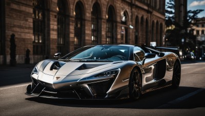 outdoors,blurry,tree,no humans,blurry background,shadow,ground vehicle,building,motor vehicle,city,car,road,vehicle focus,lamppost,street,sports car,wheel