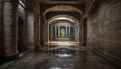 outdoors,day,indoors,water,no humans,window,sunlight,scenery,reflection,stairs,door,ruins,pillar,puddle,arch,column,plant,light rays,architecture,statue,hallway,stone floor,stone wall,brick floor