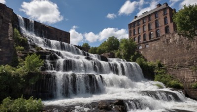 outdoors,sky,day,cloud,water,tree,blue sky,no humans,window,cloudy sky,building,nature,scenery,ruins,house,waterfall,bush,river