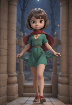 1girl,solo,looking at viewer,short hair,bangs,skirt,brown hair,dress,brown eyes,jewelry,standing,full body,short sleeves,hairband,outdoors,parted lips,sky,shoes,puffy sleeves,necklace,cape,blurry,tree,lips,bare legs,capelet,night,depth of field,blurry background,moon,sandals,bob cut,red footwear,child,full moon,green dress,skirt hold,red cape,female child,no socks,smile,black eyes,loli,sneakers,night sky,walking