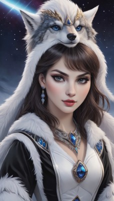 1girl,solo,long hair,breasts,looking at viewer,smile,blue eyes,brown hair,cleavage,jewelry,upper body,earrings,parted lips,open clothes,sky,hood,necklace,lips,grey eyes,fur trim,makeup,night,animal,crown,lipstick,gem,star (sky),night sky,eyeshadow,starry sky,dog,nose,on head,red lips,animal on head,fur,wolf,pelt,bangs,black hair,dress,closed mouth,artist name,signature,eyelashes