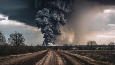 outdoors,sky,day,cloud,tree,no humans,cloudy sky,grass,nature,scenery,forest,smoke,monster,mountain,road,landscape,fog,fire,ground vehicle,motor vehicle,realistic