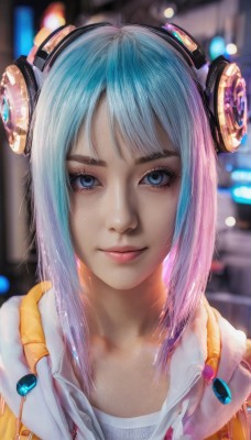 1girl,solo,long hair,looking at viewer,smile,bangs,blue eyes,shirt,closed mouth,blue hair,jacket,white shirt,upper body,pink hair,multicolored hair,open clothes,artist name,hood,blurry,two-tone hair,lips,eyelashes,aqua hair,gradient hair,makeup,depth of field,blurry background,headphones,portrait,realistic,nose,short hair,hair ornament,collarbone,headgear,light smile,pink lips,bokeh