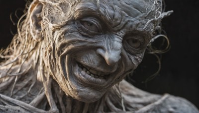 solo,looking at viewer,smile,simple background,1boy,male focus,teeth,grin,black eyes,black background,portrait,1other,monster,realistic,horror (theme),close-up,veins