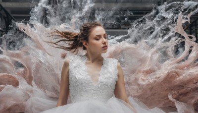 1girl,solo,long hair,breasts,brown hair,dress,collarbone,closed eyes,upper body,parted lips,sleeveless,water,white dress,lips,floating hair,sleeveless dress,wind,realistic,waves,ponytail,tree,makeup