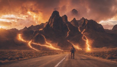 solo,1boy,standing,weapon,male focus,outdoors,sky,pants,cloud,from behind,cloudy sky,scenery,walking,science fiction,sunset,mountain,electricity,lightning,desert,molten rock,cape,road,landscape,orange theme