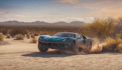 outdoors,sky,cloud,tree,no humans,shadow,ground vehicle,nature,scenery,motor vehicle,smoke,mountain,realistic,car,road,vehicle focus,desert,dust,wheel,sports car,forest,sunset,mountainous horizon