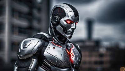 solo,red eyes,1boy,upper body,male focus,armor,blurry,blurry background,glowing,helmet,robot,glowing eyes,science fiction,cyborg,power armor,humanoid robot,artist name,signature,spot color,realistic,android