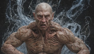 solo,looking at viewer,blue eyes,1boy,upper body,male focus,teeth,pointy ears,water,muscular,black background,veins,realistic,electricity,bald,alien,open mouth,nude,facial hair,traditional media,old,wrinkled skin