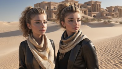 smile,short hair,blue eyes,multiple girls,blonde hair,brown hair,2girls,brown eyes,jewelry,closed mouth,jacket,upper body,ponytail,earrings,outdoors,sky,day,necklace,scarf,looking at another,lips,black jacket,looking to the side,siblings,sisters,building,twins,realistic,nose,sand,desert,scenery,curly hair,road