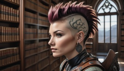 1girl,solo,short hair,brown hair,brown eyes,jewelry,pink hair,red hair,earrings,parted lips,indoors,armor,from side,lips,book,window,portrait,realistic,nose,bookshelf,very short hair,undercut,library,mohawk,weapon,gun,tattoo,scar,asymmetrical hair