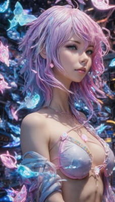 1girl,solo,breasts,looking at viewer,short hair,bangs,blue eyes,cleavage,bare shoulders,jewelry,medium breasts,closed mouth,collarbone,swimsuit,upper body,pink hair,bikini,multicolored hair,earrings,medium hair,necklace,blurry,lips,eyelashes,blurry background,bug,gem,butterfly,bikini top only,pendant,pink lips,realistic,nose,blue butterfly,long hair,hair between eyes,purple hair,small breasts,parted lips,detached sleeves,artist name,grey eyes,makeup,halterneck,mascara