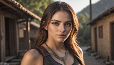 1girl,solo,long hair,looking at viewer,brown hair,bare shoulders,brown eyes,jewelry,closed mouth,upper body,outdoors,day,necklace,blurry,lips,depth of field,blurry background,tank top,building,portrait,forehead,realistic,nose,house,breasts,earrings,sunlight,close-up