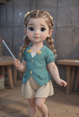 1girl,solo,long hair,looking at viewer,smile,blue eyes,brown hair,shirt,hair ornament,holding,twintails,closed mouth,standing,braid,flower,short sleeves,shorts,indoors,hair flower,blurry,twin braids,lips,blurry background,sandals,table,blue shirt,child,freckles,realistic,wand,female child,shoes,flat chest,loli,brown footwear,aged down,pencil,brown shorts