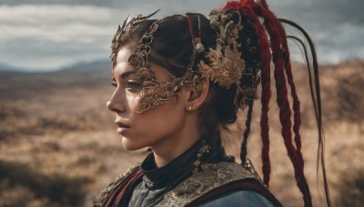 1girl,solo,long hair,brown hair,black hair,hair ornament,jewelry,upper body,braid,earrings,outdoors,parted lips,artist name,armor,blurry,from side,lips,profile,depth of field,blurry background,portrait,realistic,nose,sky,day,cloud,eyelashes,chinese clothes,headdress