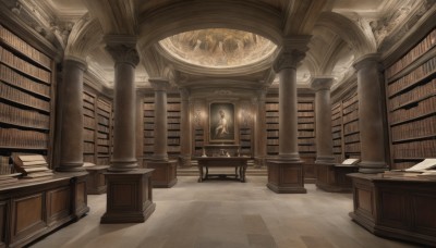 1girl,solo,long hair,dress,sitting,indoors,book,chair,table,scenery,stairs,bookshelf,checkered floor,pillar,book stack,statue,library,chandelier,column,black hair,standing,no humans,sunlight,architecture,ceiling,arch,candlestand