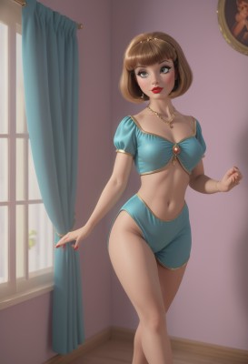 1girl,solo,breasts,looking at viewer,blush,smile,short hair,bangs,blue eyes,brown hair,shirt,navel,cleavage,jewelry,medium breasts,standing,collarbone,short sleeves,earrings,parted lips,shorts,midriff,puffy sleeves,artist name,indoors,blunt bangs,necklace,stomach,nail polish,bracelet,puffy short sleeves,lips,crop top,window,makeup,bob cut,blue shirt,lipstick,curtains,red nails,blue shorts,wooden floor,mirror,red lips,green eyes,mole,fingernails,looking to the side,short shorts,feet out of frame,looking away,gem,legs together,realistic