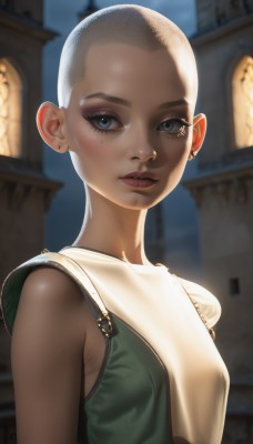 1girl,solo,breasts,looking at viewer,short hair,blue eyes,jewelry,upper body,earrings,small breasts,parted lips,sleeveless,dark skin,blurry,dark-skinned female,lips,eyelashes,blurry background,piercing,freckles,realistic,nose,bald,very short hair,teeth,makeup,building,stud earrings,mascara