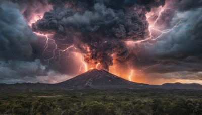 outdoors, sky, cloud, no humans, cloudy sky, nature, scenery, mountain, electricity, lightning, landscape