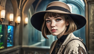 1girl,solo,looking at viewer,short hair,bangs,blue eyes,brown hair,shirt,hat,ribbon,jewelry,jacket,upper body,earrings,parted lips,collared shirt,artist name,indoors,blunt bangs,necklace,blurry,lips,grey eyes,window,makeup,depth of field,blurry background,bob cut,white jacket,portrait,freckles,sun hat,realistic,nose,red lips,stud earrings,closed mouth,eyelashes,hat ribbon