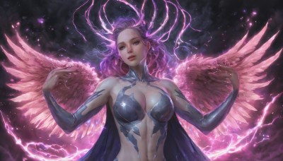 1girl,solo,long hair,breasts,looking at viewer,large breasts,navel,cleavage,bare shoulders,jewelry,upper body,pink hair,purple hair,earrings,parted lips,detached sleeves,wings,horns,cape,lips,glowing,feathered wings,realistic,lightning,multiple wings,pink wings,gloves,medium breasts,green eyes,elbow gloves,halo,angel,electricity