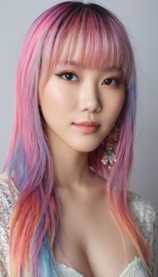 1girl,solo,long hair,breasts,looking at viewer,smile,bangs,large breasts,simple background,cleavage,brown eyes,jewelry,medium breasts,closed mouth,underwear,upper body,pink hair,multicolored hair,earrings,blunt bangs,grey background,bra,black eyes,two-tone hair,lips,eyelashes,gradient hair,makeup,realistic,nose