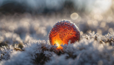 blurry, no humans, depth of field, fire, scenery, snow