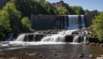 outdoors,sky,day,water,tree,blue sky,no humans,building,nature,scenery,rock,ruins,river,waterfall,cloud,forest,bridge