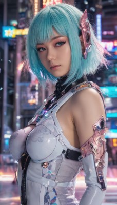 1girl,solo,breasts,looking at viewer,short hair,bangs,blue eyes,gloves,bare shoulders,medium breasts,closed mouth,blue hair,upper body,elbow gloves,blunt bangs,blurry,from side,aqua eyes,lips,aqua hair,bodysuit,blurry background,headgear,science fiction,realistic,android,cyborg,cyberpunk,hair ornament,outdoors,artist name,looking to the side,night,depth of field,watermark,bob cut,zipper,nose