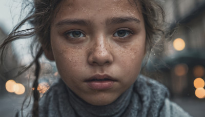 1girl, solo, long hair, looking at viewer, brown hair, brown eyes, parted lips, scarf, blurry, lips, depth of field, blurry background, portrait, close-up, freckles, realistic, nose, bokeh