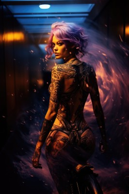 1girl,solo,breasts,looking at viewer,short hair,jewelry,medium breasts,purple hair,ass,looking back,dark skin,from behind,dark-skinned female,lips,tattoo,makeup,night,back,ground vehicle,smoke,bicycle,back tattoo,gloves,underwear,panties,pink hair,earrings,lipstick,realistic,nose,full-body tattoo