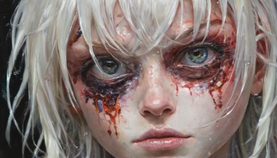 1girl,solo,looking at viewer,short hair,bangs,blue eyes,hair between eyes,jewelry,closed mouth,green eyes,white hair,earrings,lips,wet,grey eyes,eyelashes,blood,heterochromia,scar,black background,portrait,close-up,reflection,water drop,realistic,nose,eye focus,blonde hair,blood on face