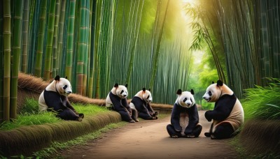 sitting,outdoors,day,no humans,animal,sunlight,grass,nature,forest,light rays,bamboo,bamboo forest,panda,scenery,animal focus