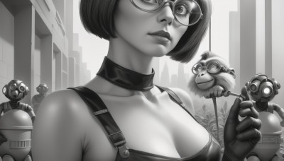 1girl,breasts,looking at viewer,short hair,bangs,large breasts,gloves,holding,cleavage,bare shoulders,medium breasts,closed mouth,collarbone,monochrome,upper body,greyscale,multiple boys,glasses,solo focus,choker,lips,mask,bob cut,3boys,robot,building,realistic,nose,round eyewear,gas mask,flower,suspenders,helmet,goggles,overalls